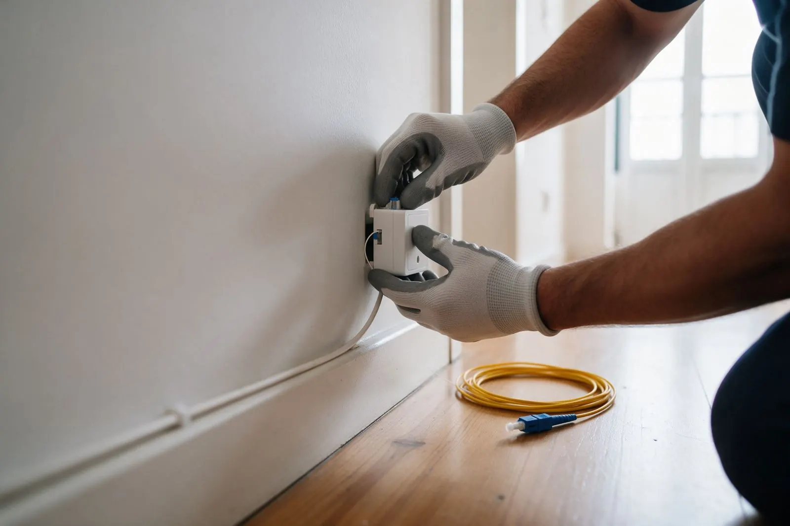 Técnico a fixar uma tomada de fibra ótica junto ao rodapé de uma casa