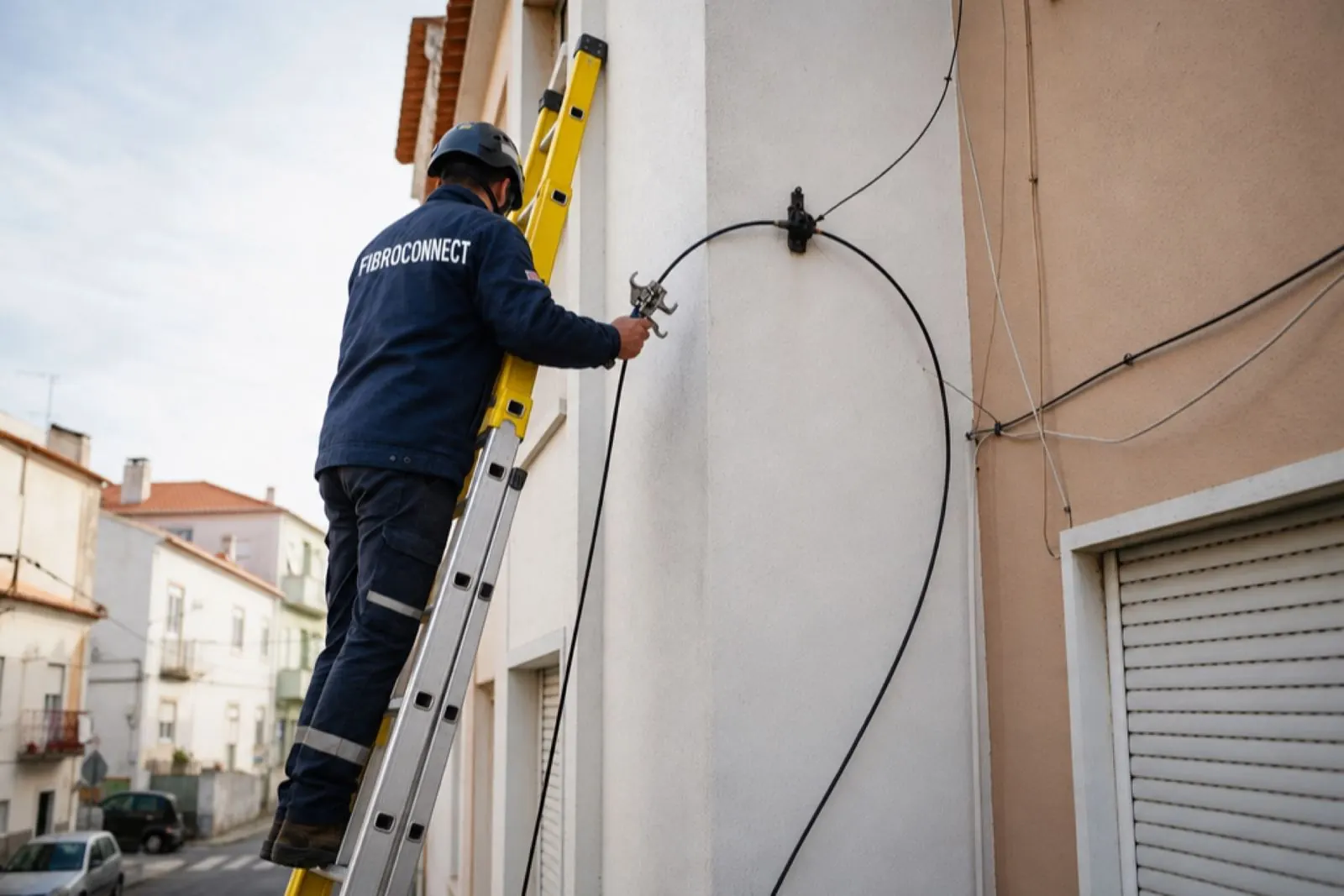 Técnico da FibroConnect numa escada homologada de três lanços a reparar um cabo drop de fibra ótica na fachada de um prédio