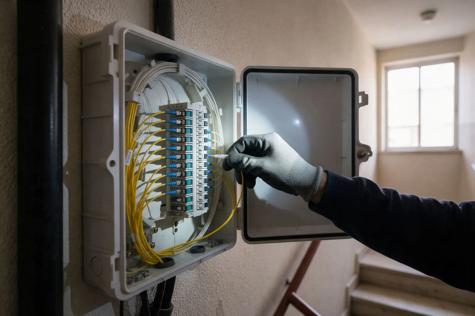 Ponto de distribuição ótico aberto numa escada de prédio, com patchcords amarelos ligados